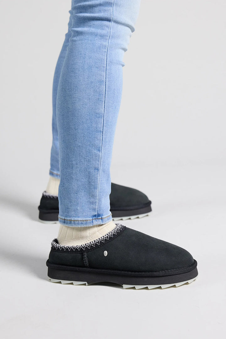 Person wearing black slip-on shoes with white soles on a light gray background