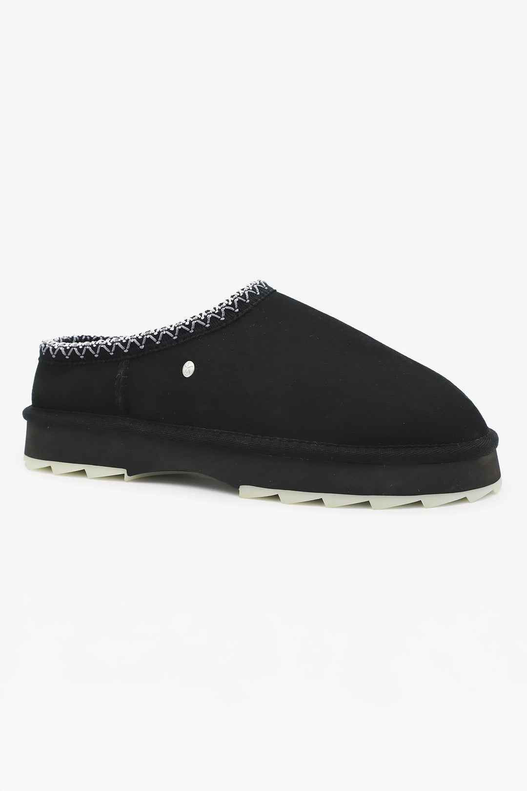 Black slipper with white sole on a white background