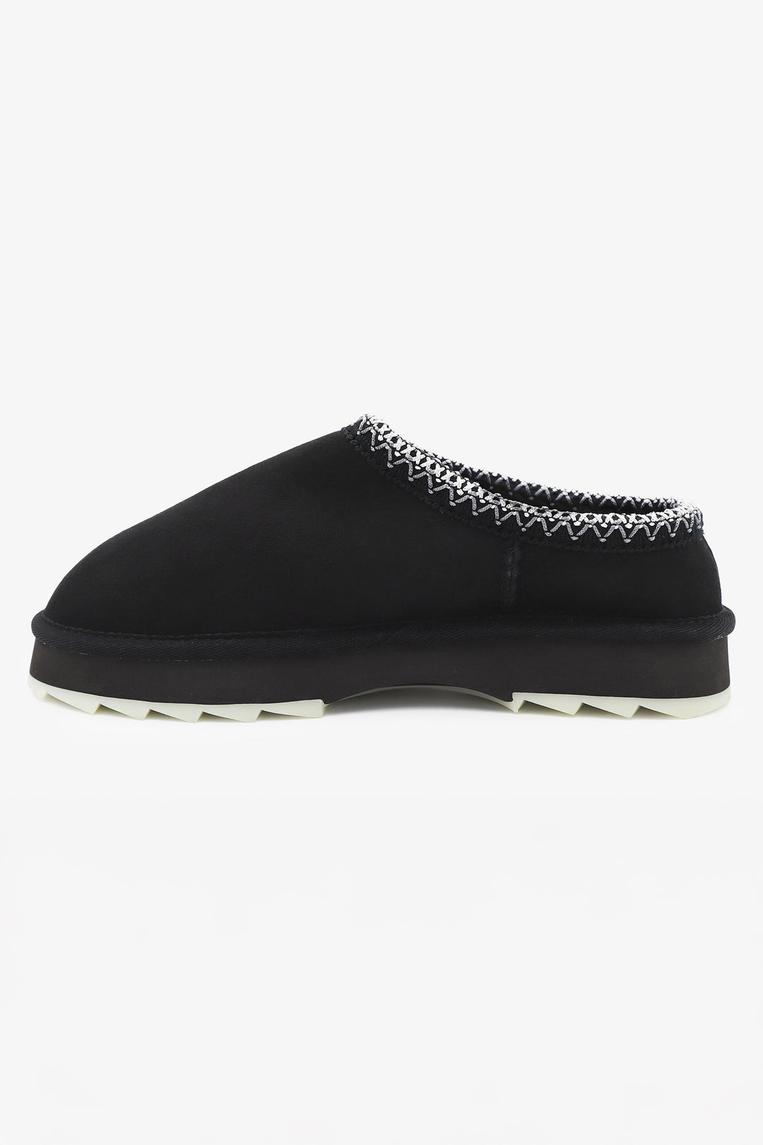Black slip-on shoe with decorative trim on a white background