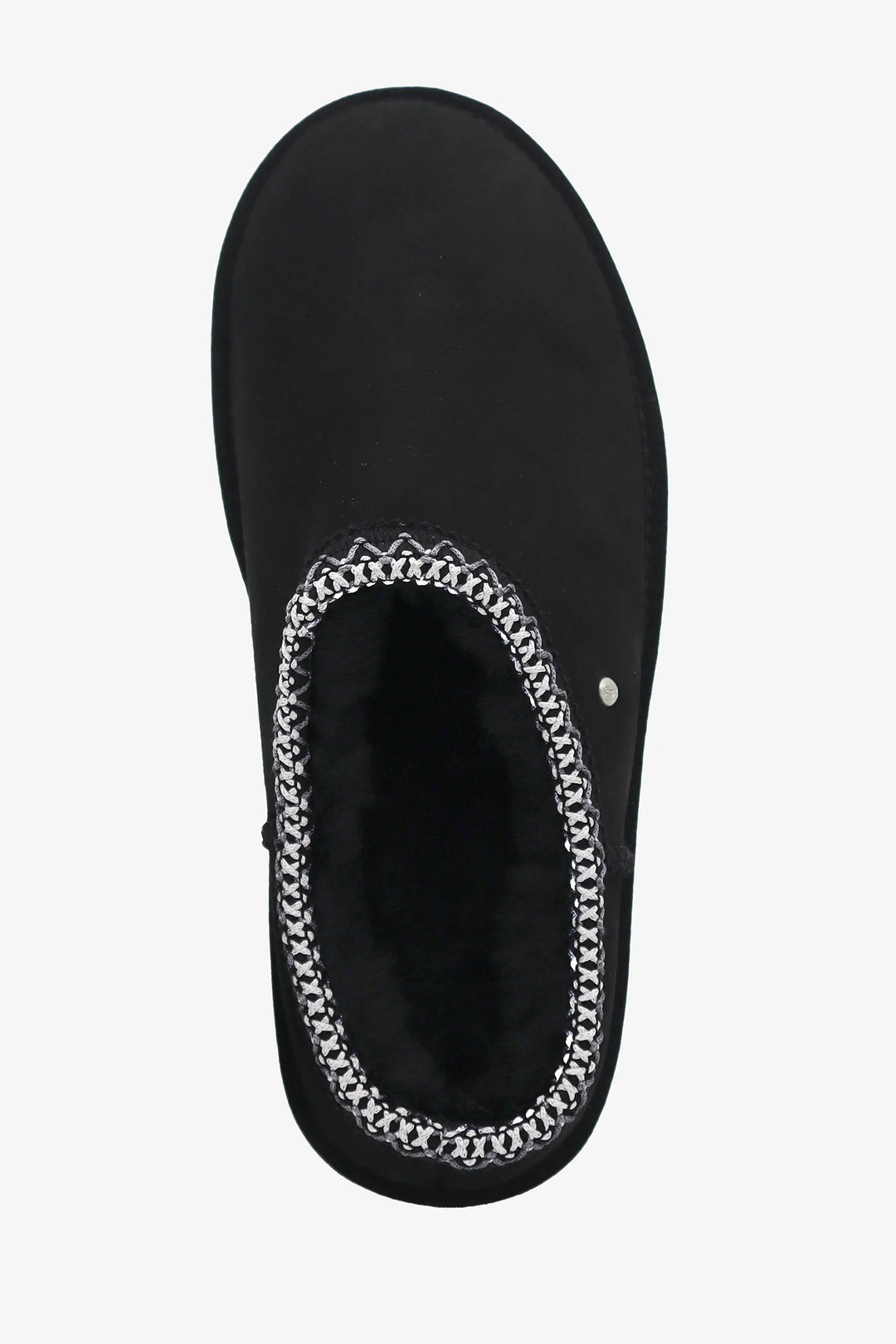 Black slipper with silver chain detail on a white background