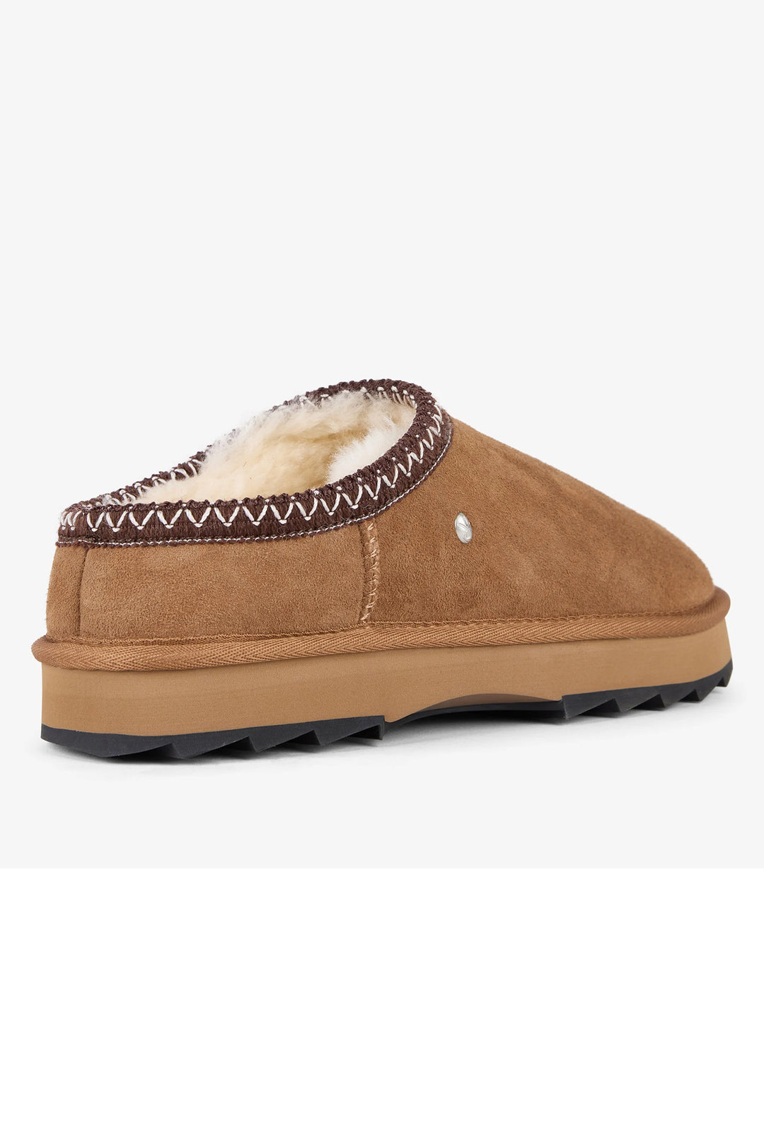 Brown slipper with white fur lining on a white background