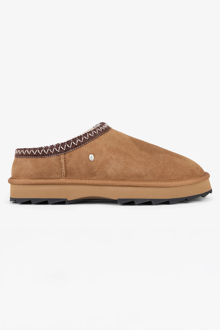 Brown slipper with decorative trim on a white background