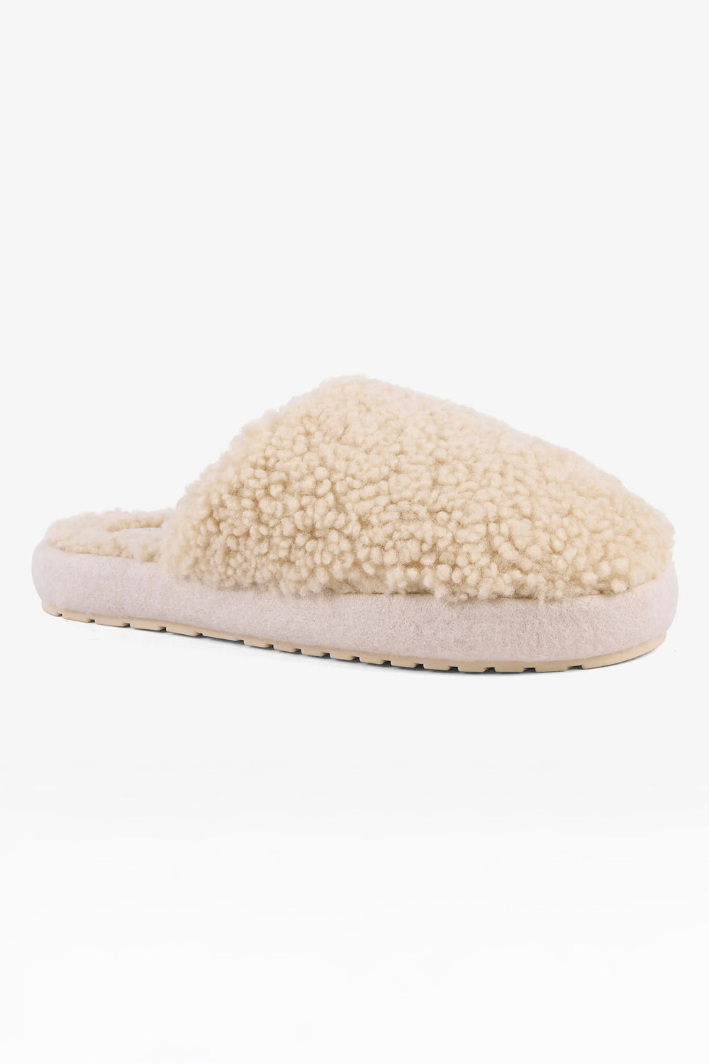 Beige slipper with fluffy texture on a white background