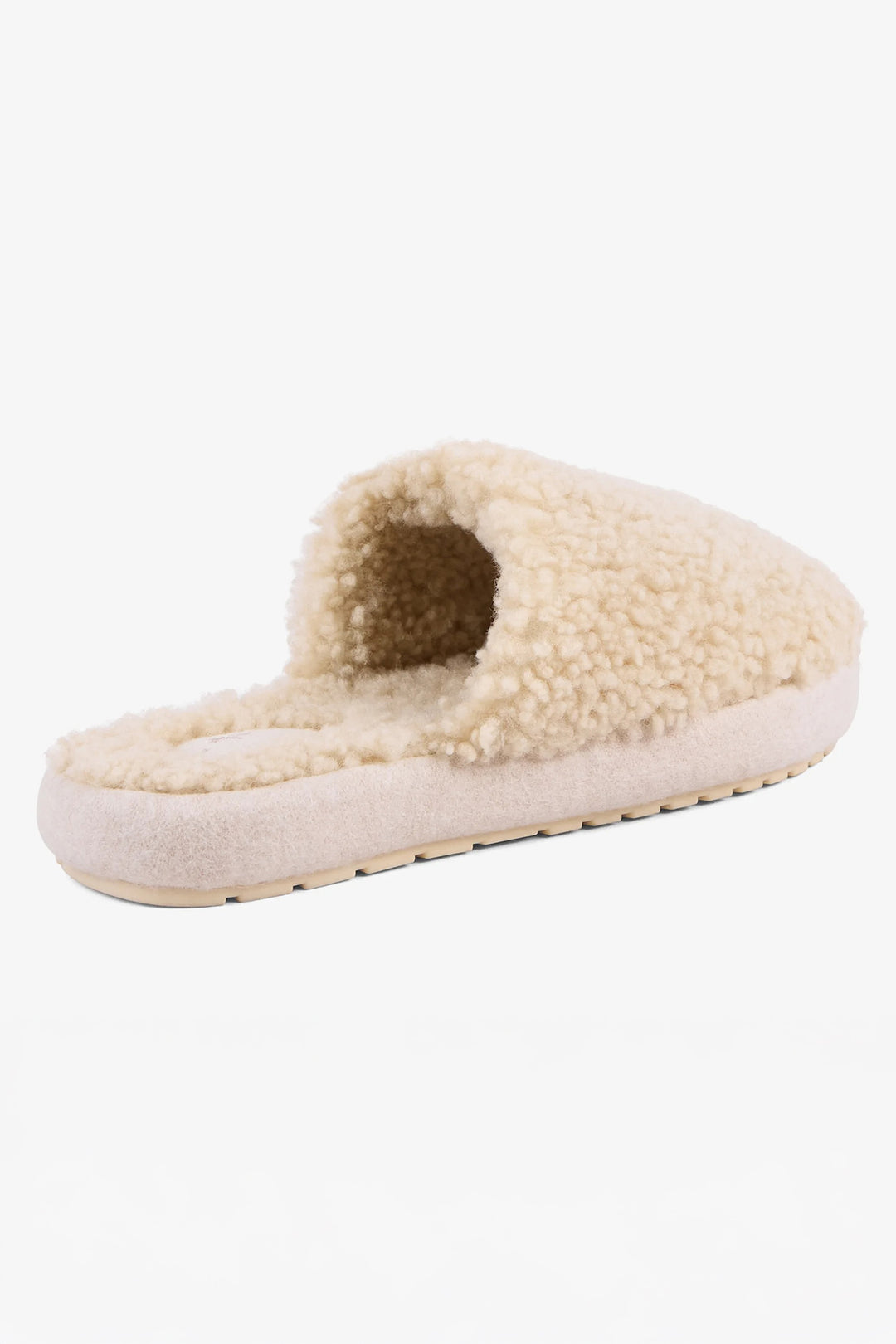 Beige slipper with fluffy texture on a white background