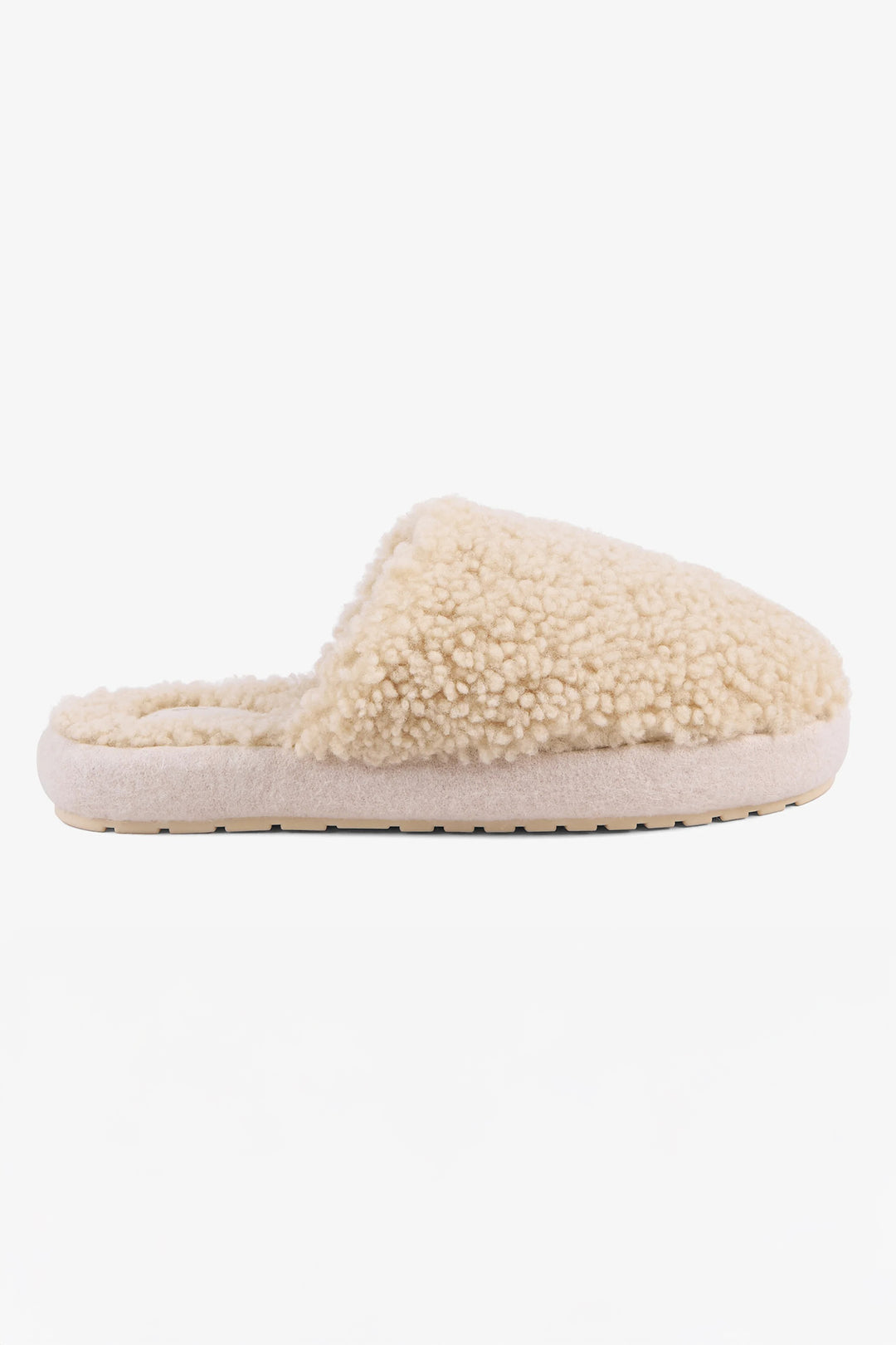 Beige slipper with fluffy texture on a white background