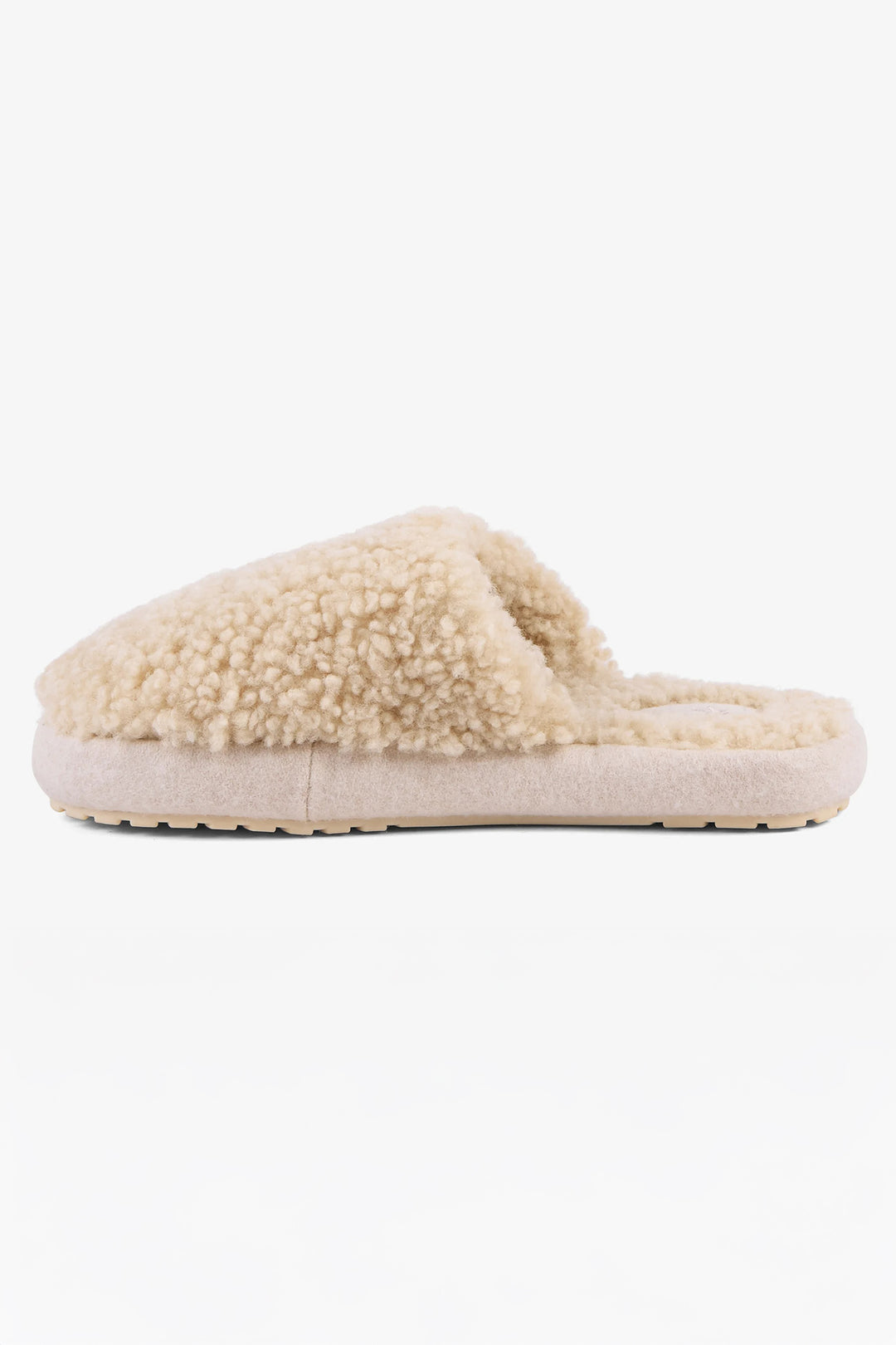 Beige slipper with fluffy texture on a white background