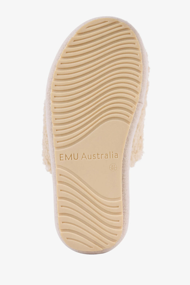 Beige shoe sole with 'EMU Australia' branding on a white background