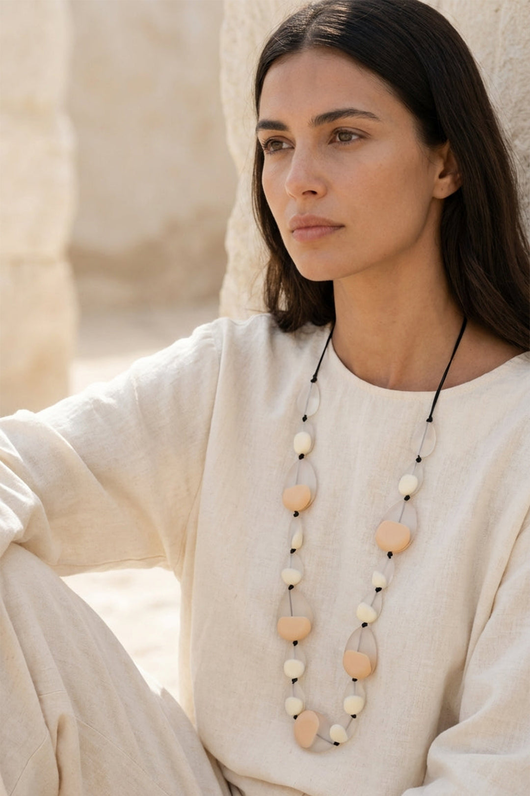 Envy Long Adjustable Black Cord Necklace With Frosted Resin Pendants 4469, worn view
