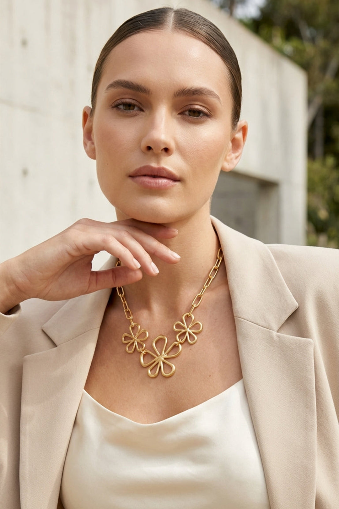 Envy Short Gold Chain Link Necklace With Flower Pendant 4867, worn view