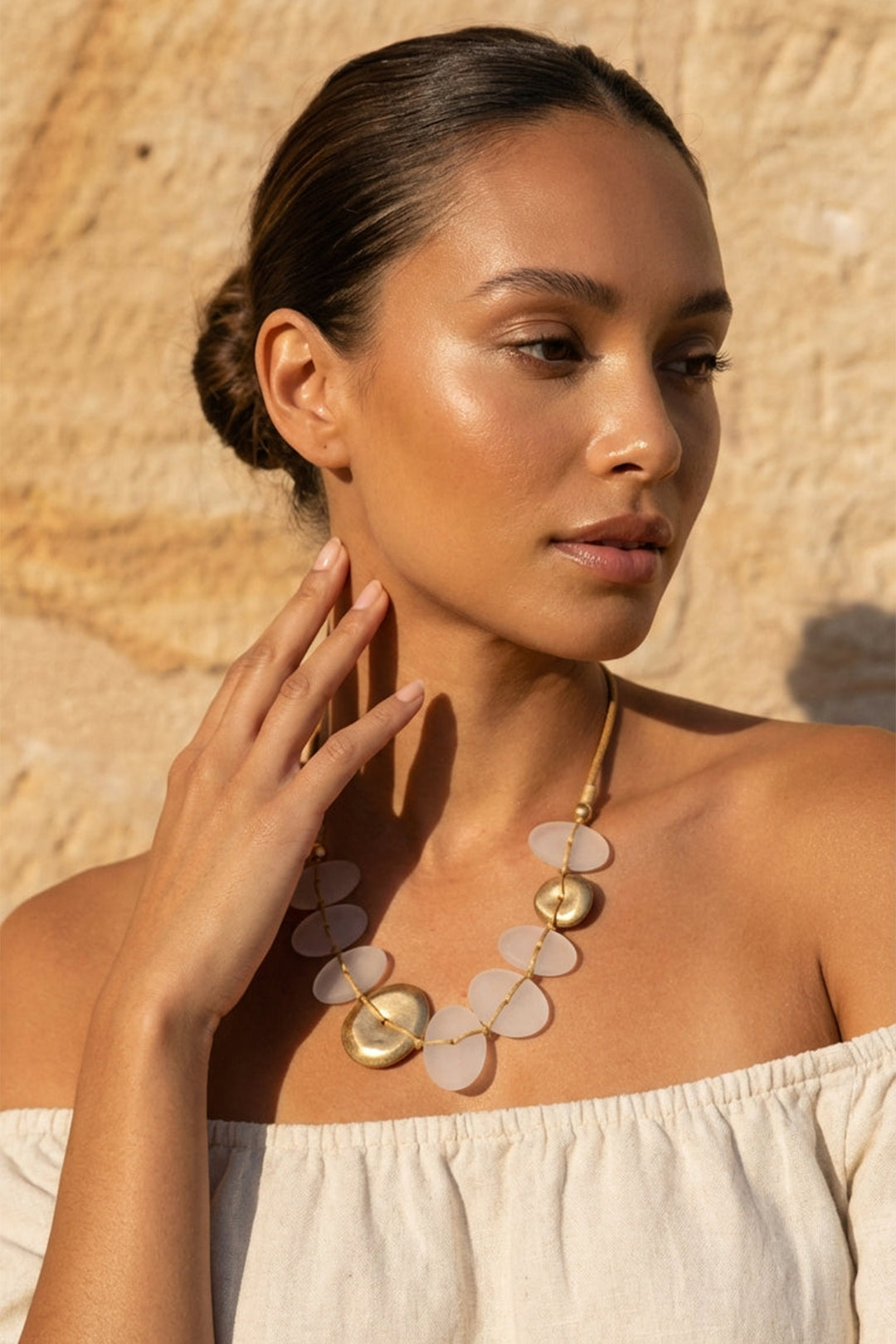 Envy Short Taupe Cord Necklace With Frosted And Gold Pendant Design 4735, worn view