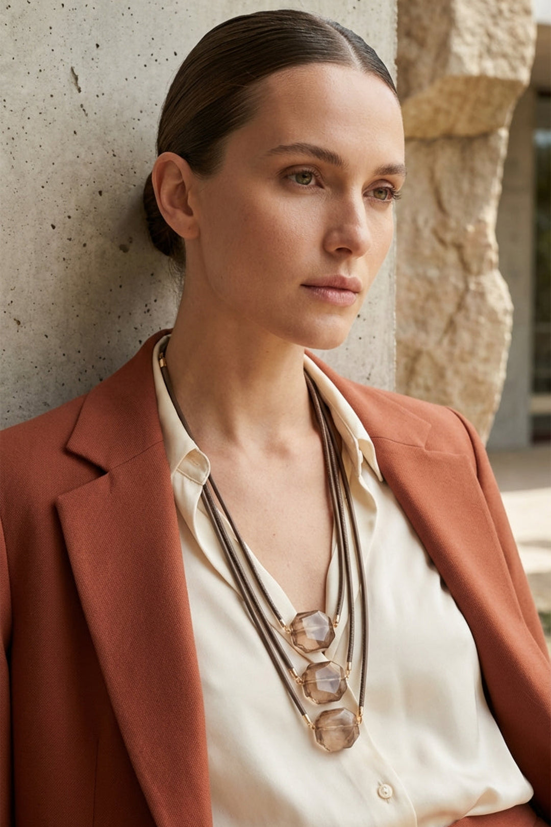Envy Short Triple Layer Cord Necklace With Chunky Taupe Brown Stone Design 4602, worn view