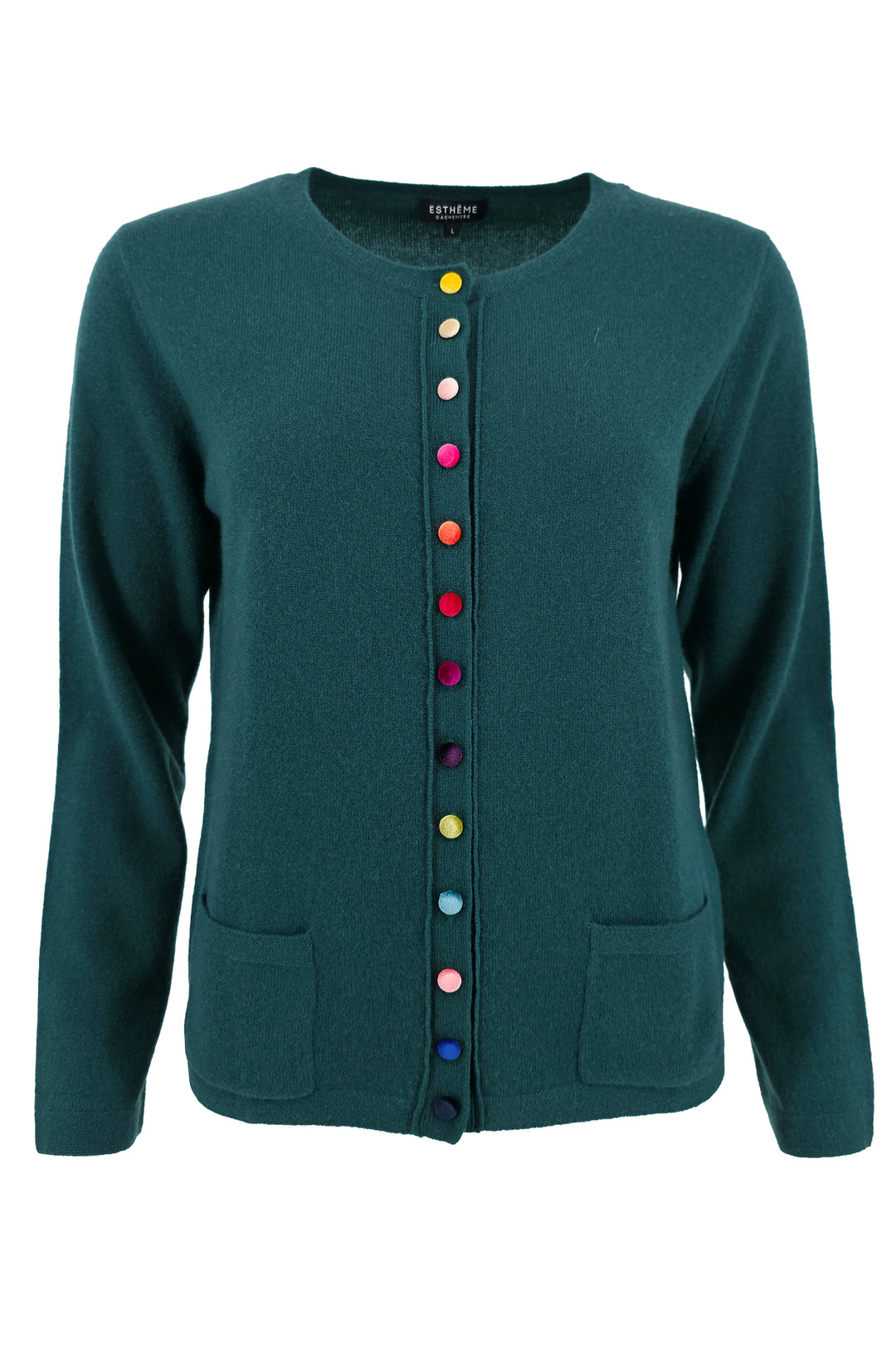 Green cardigan with colorful buttons on a white background
