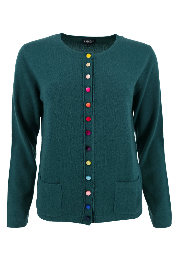 Green cardigan with colorful buttons on a white background