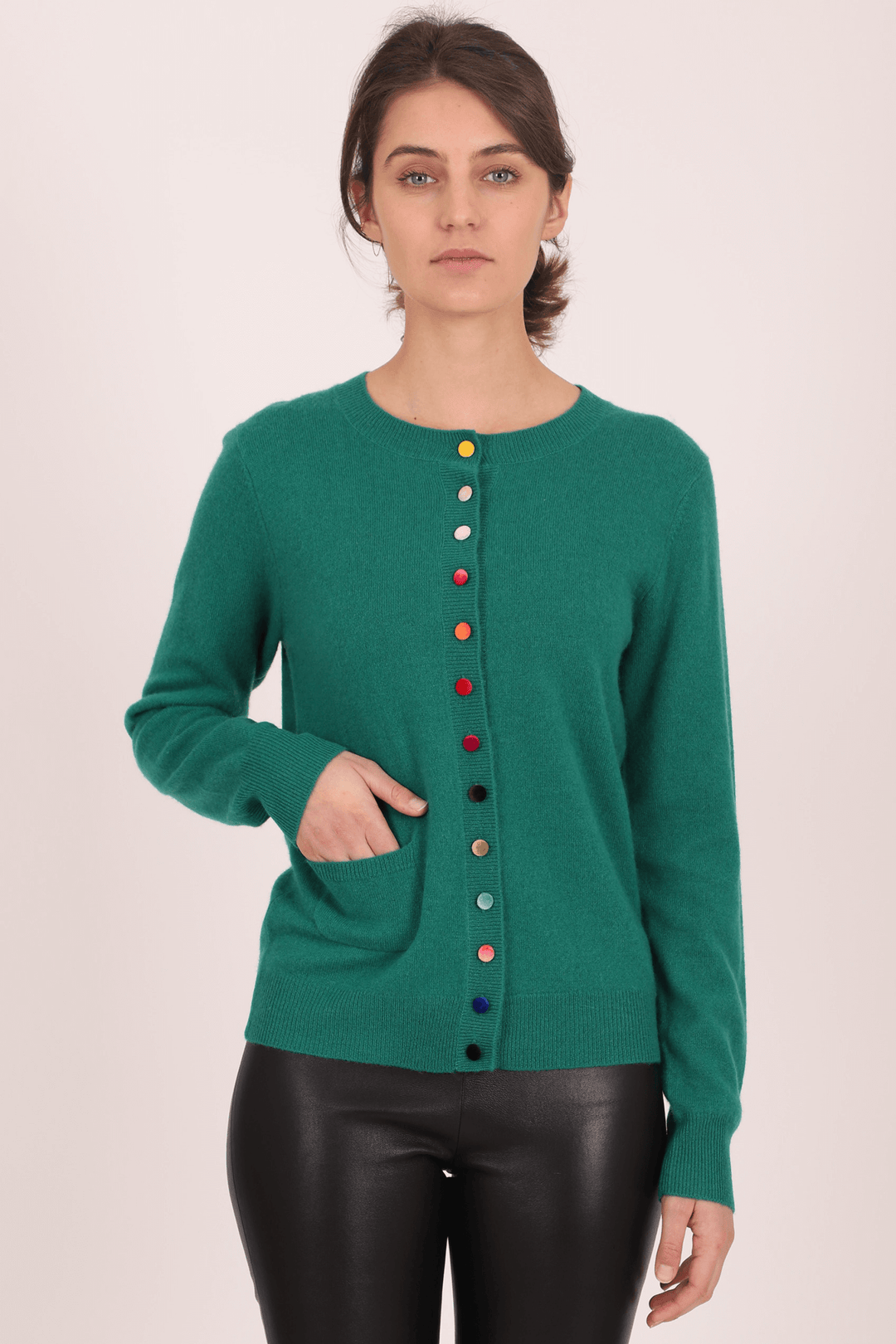 Estheme Cashmere WES2114H Green Multicolour Button Cashmere Cardigan - Shirley Allum Boutique