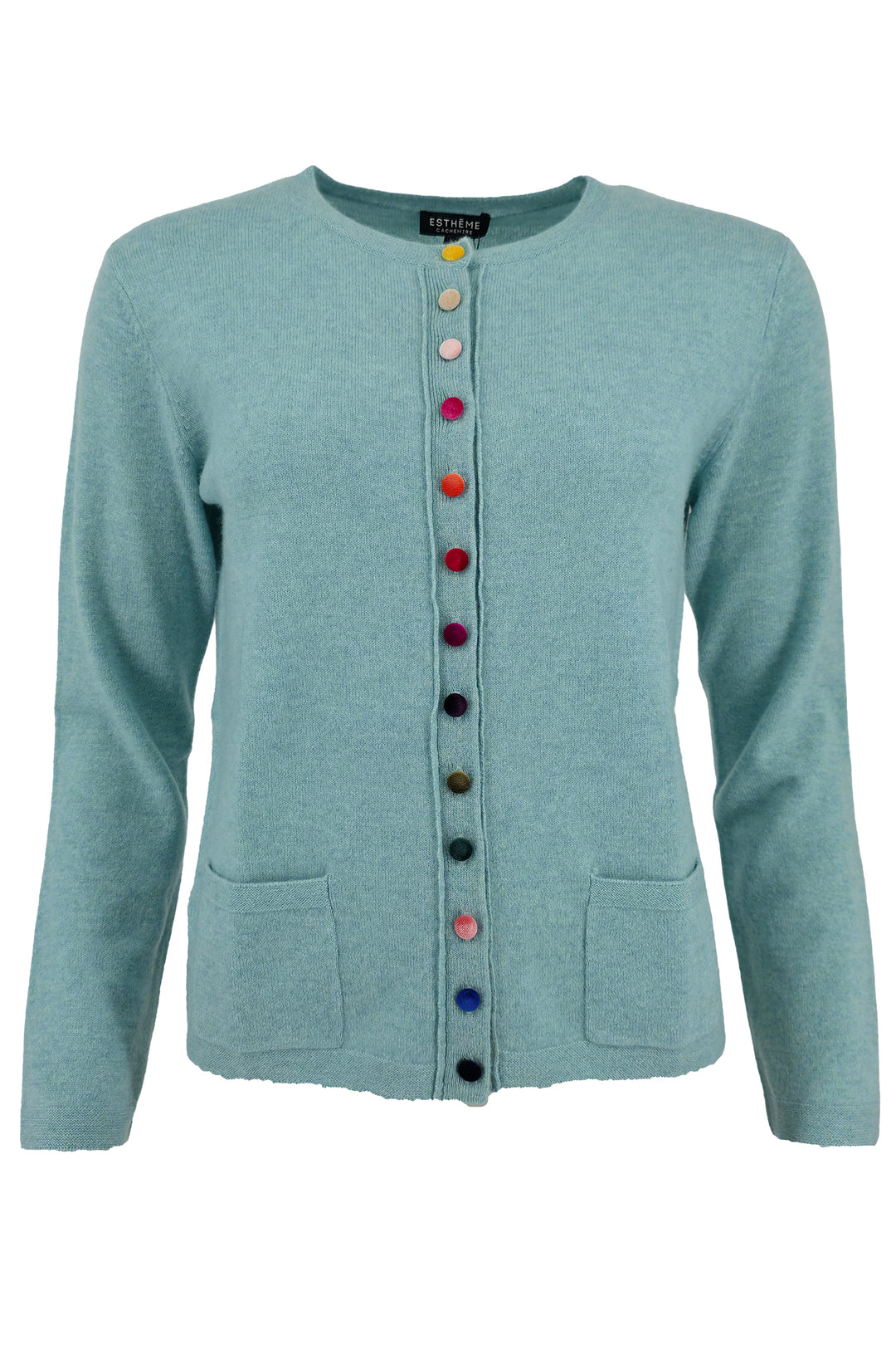 Light blue cardigan with colorful buttons on a white background