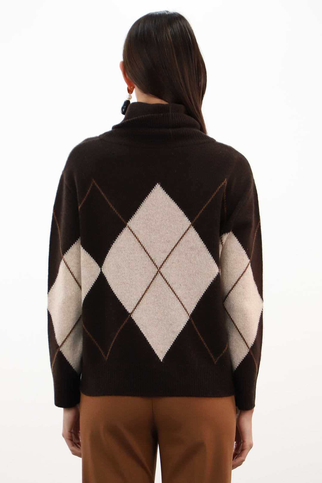 Estheme Cowl Neck Argyle Pattern Brown Jumper WES26B26