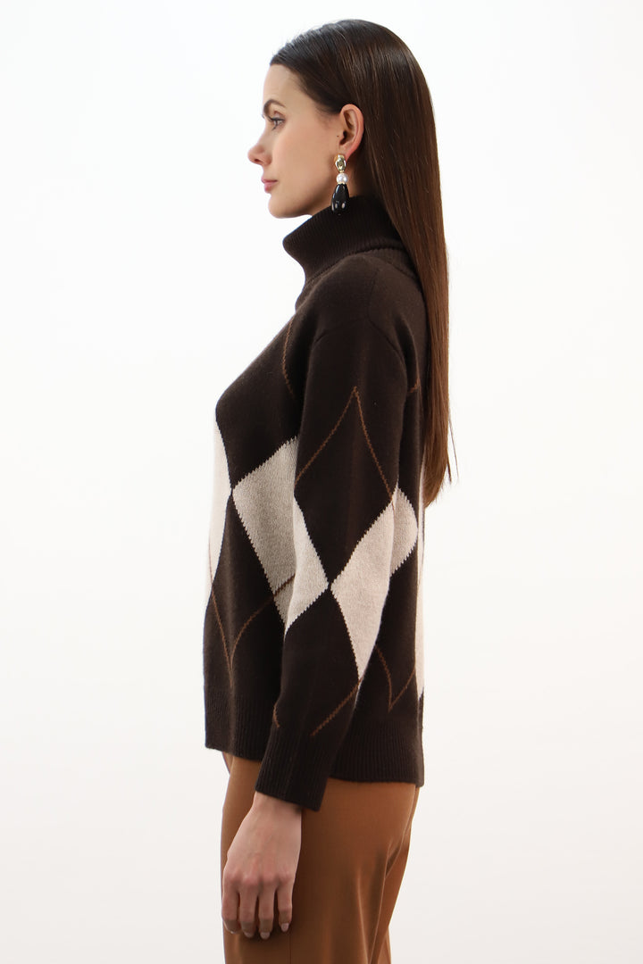 Estheme Cowl Neck Argyle Pattern Brown Jumper WES26B26