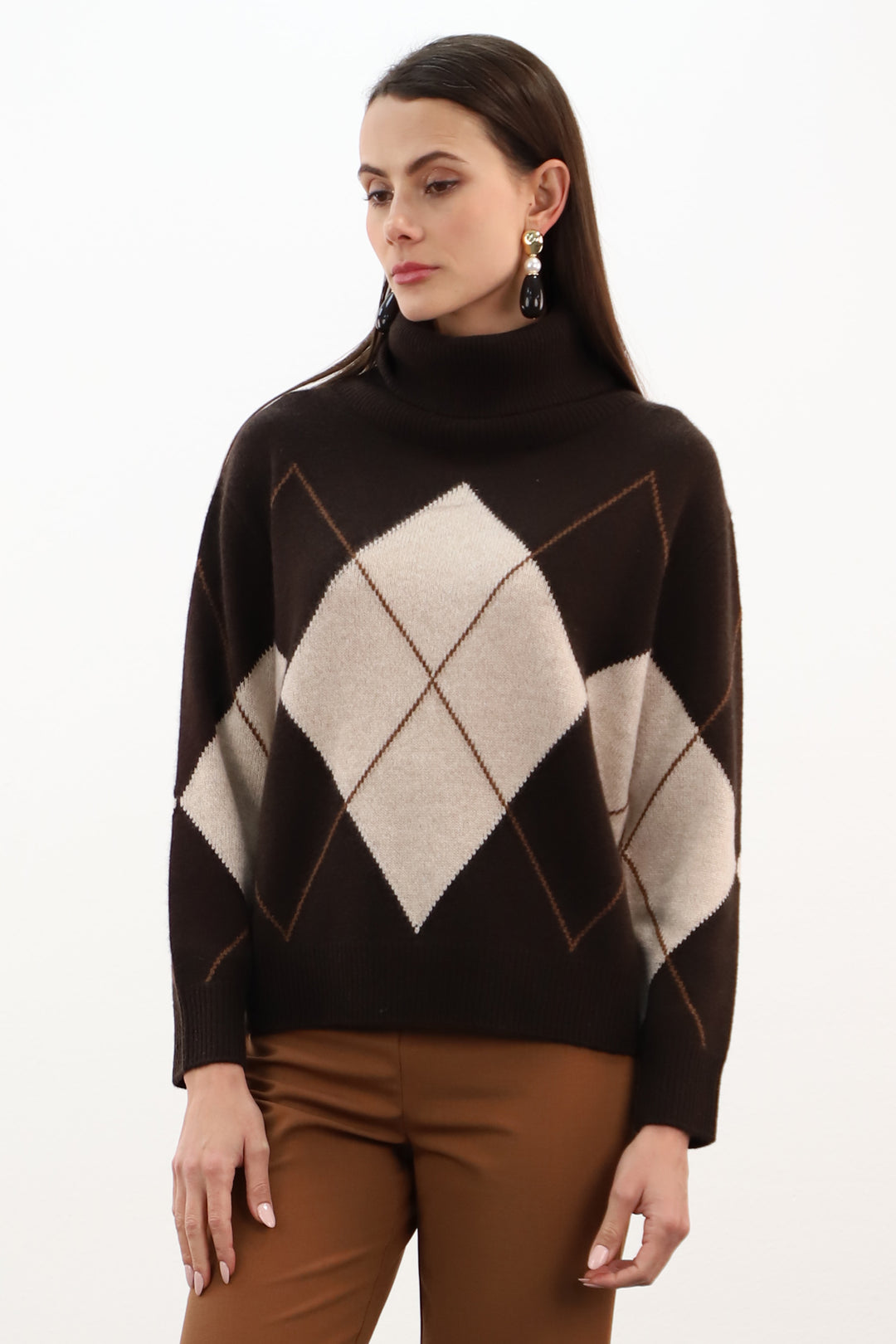 Estheme Cowl Neck Argyle Pattern Brown Jumper WES26B26