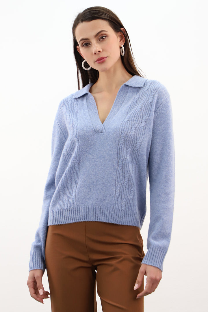 Estheme Glacier Blue Polo Style Cable Knit Jumper WES26A96