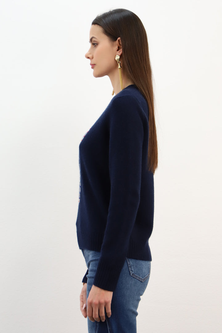 Estheme Nuit Navy Crew Neck Heart Embroidery Jumper CKH6361C