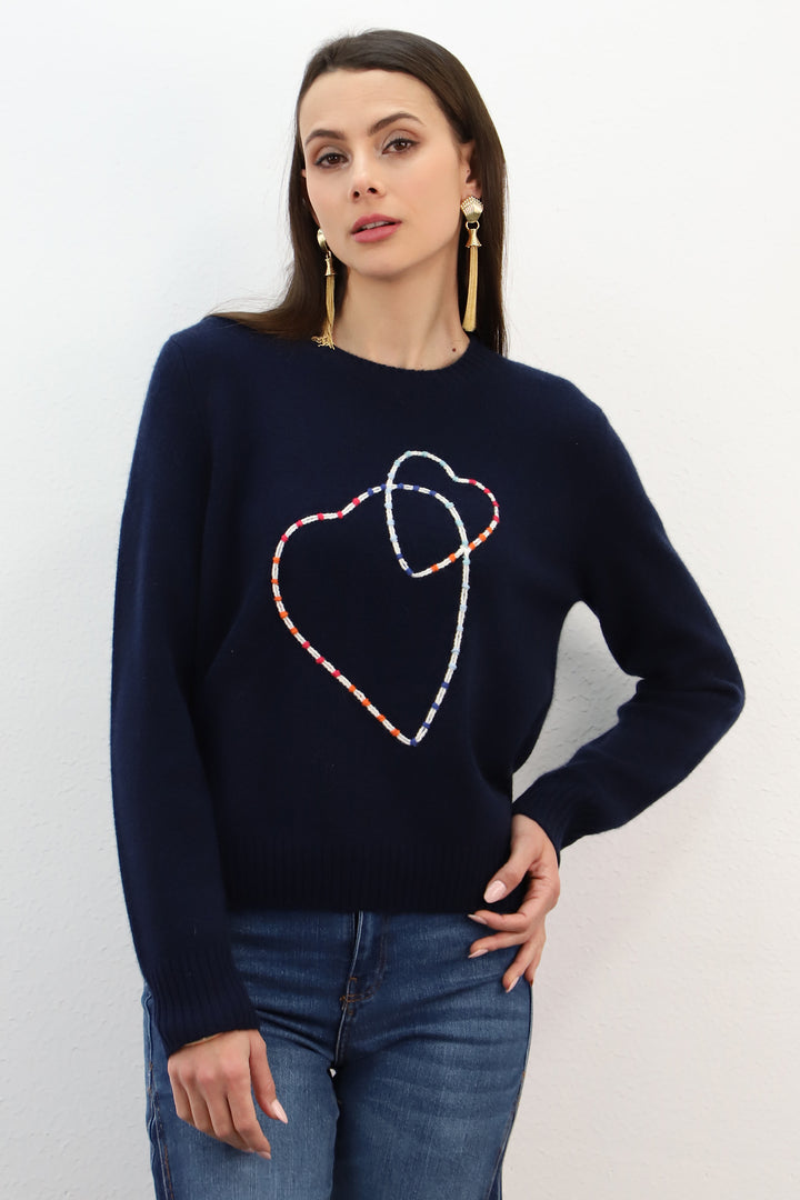 Estheme Nuit Navy Crew Neck Heart Embroidery Jumper CKH6361C