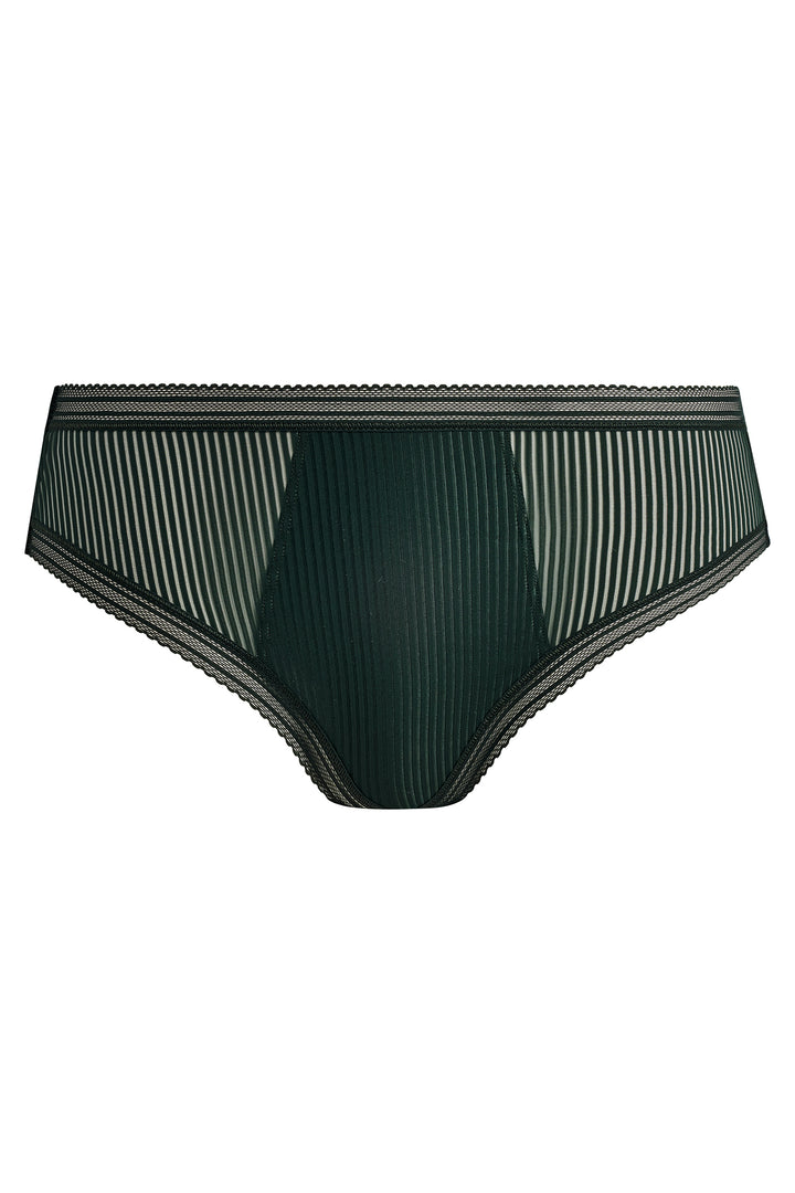 Dark green women's underwear with lace trim on a white background