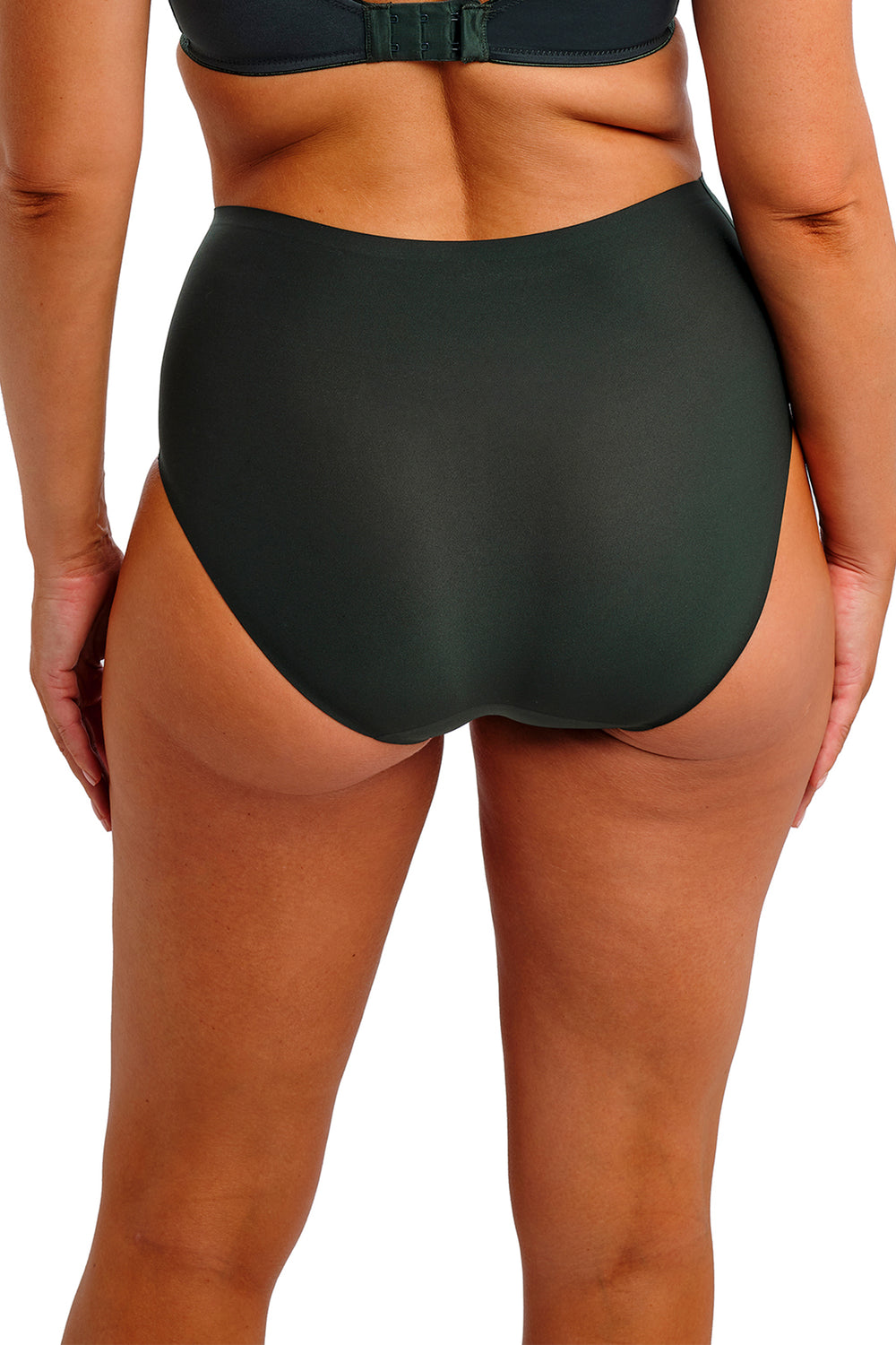 Person wearing dark green high-waisted bikini bottoms on a white background
