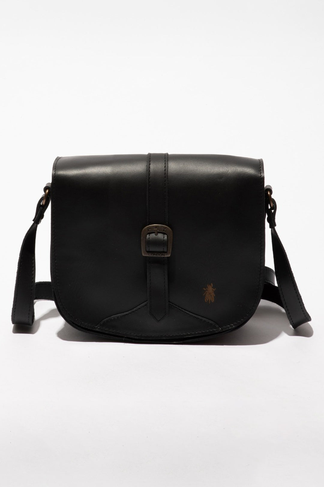 Black leather bag with a strap on a white background