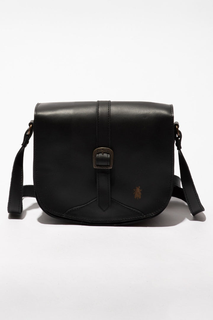 Black leather bag with a strap on a white background