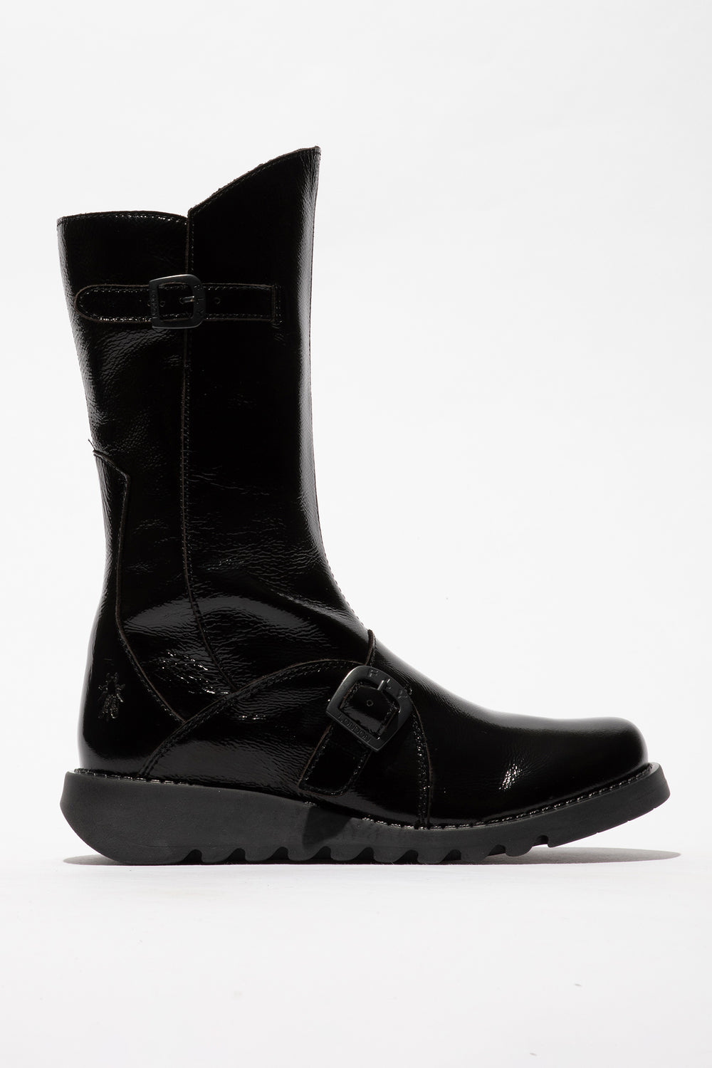Black rain boot on a white background