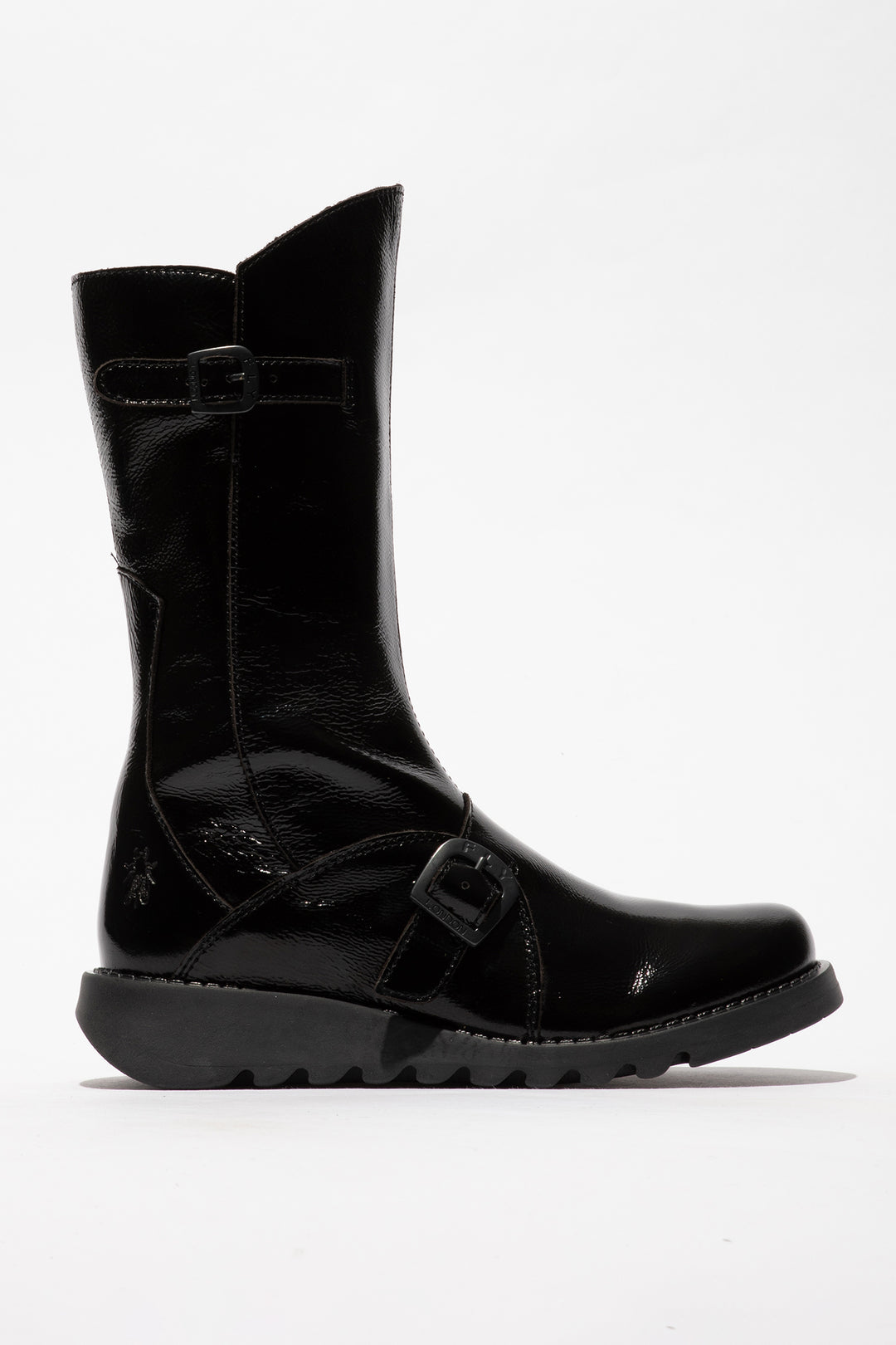 Black rain boot on a white background