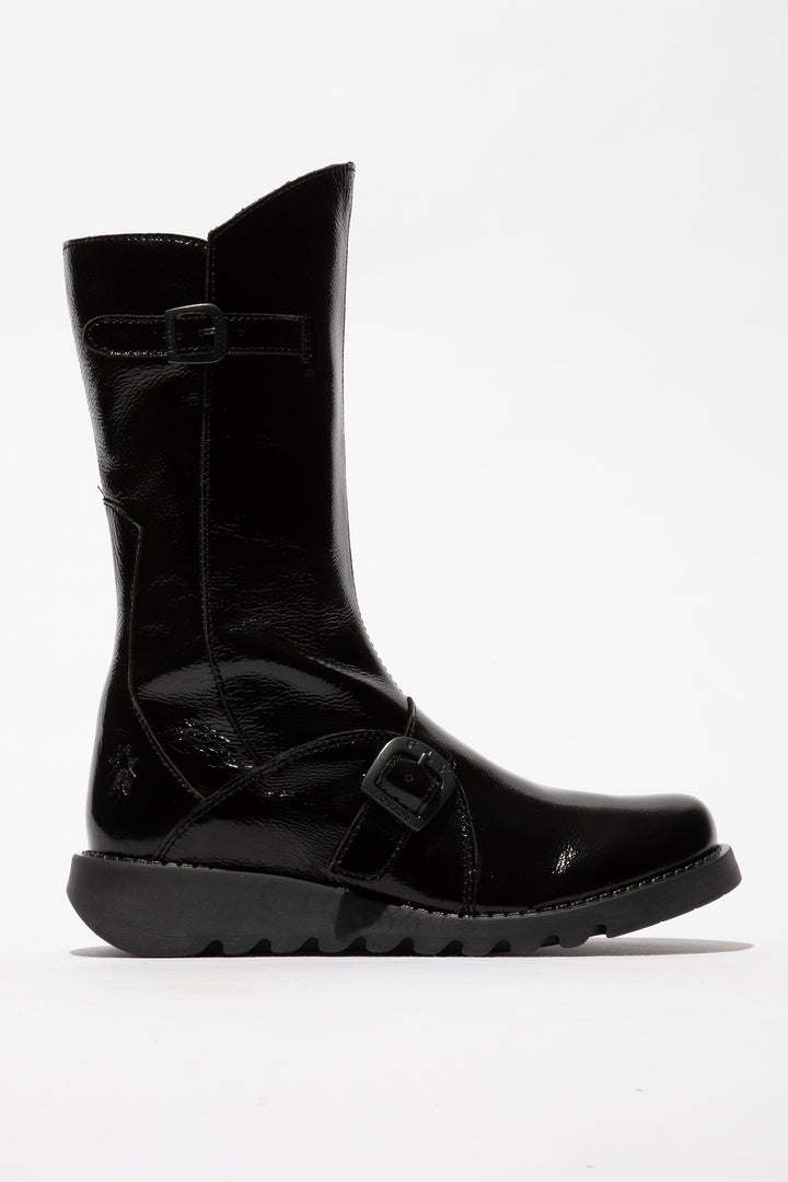 Black rain boot on a white background