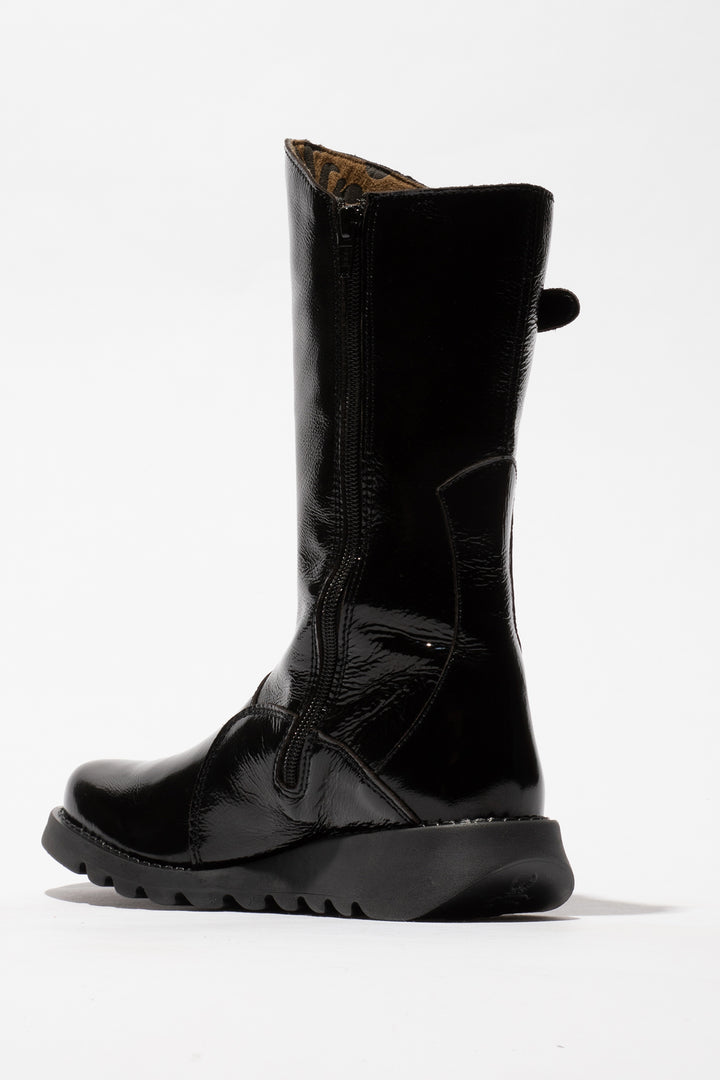 Black leather boot on a white background