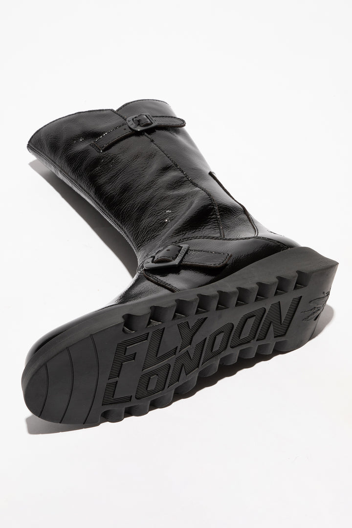 Black leather boot with Fly London branding on a white background