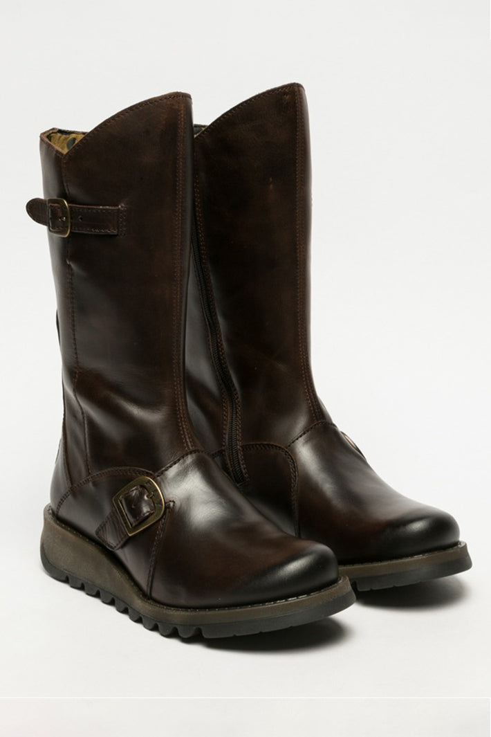 Fly London Mes 2 Rug Brown Leather Calf-Length Boots P142913004, pair from the front