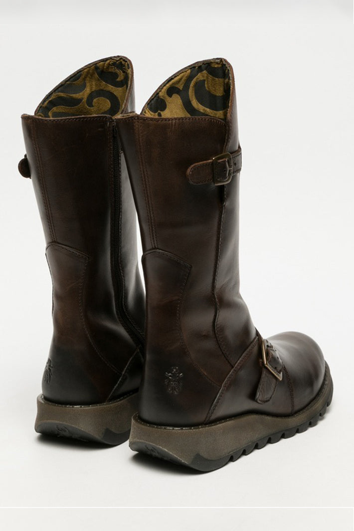 Fly London Mes 2 Rug Brown Leather Calf-Length Boots P142913004, pair from behind showing the inside zip