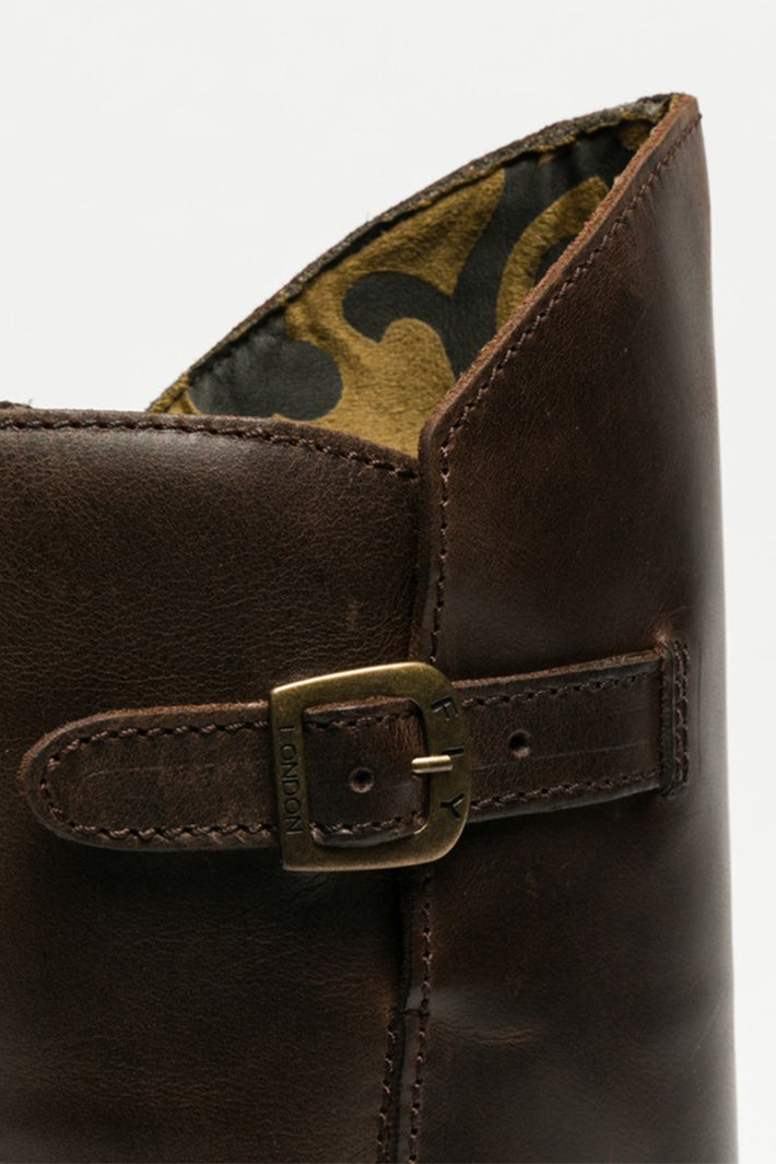 Fly London Mes 2 Rug Brown Leather Calf-Length Boots P142913004, buckle strap and lining close-up