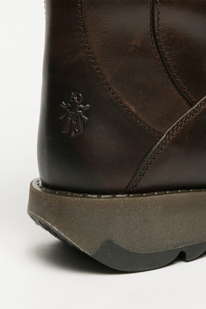 Fly London Mes 2 Rug Brown Leather Calf-Length Boots P142913004, heel and logo close-up