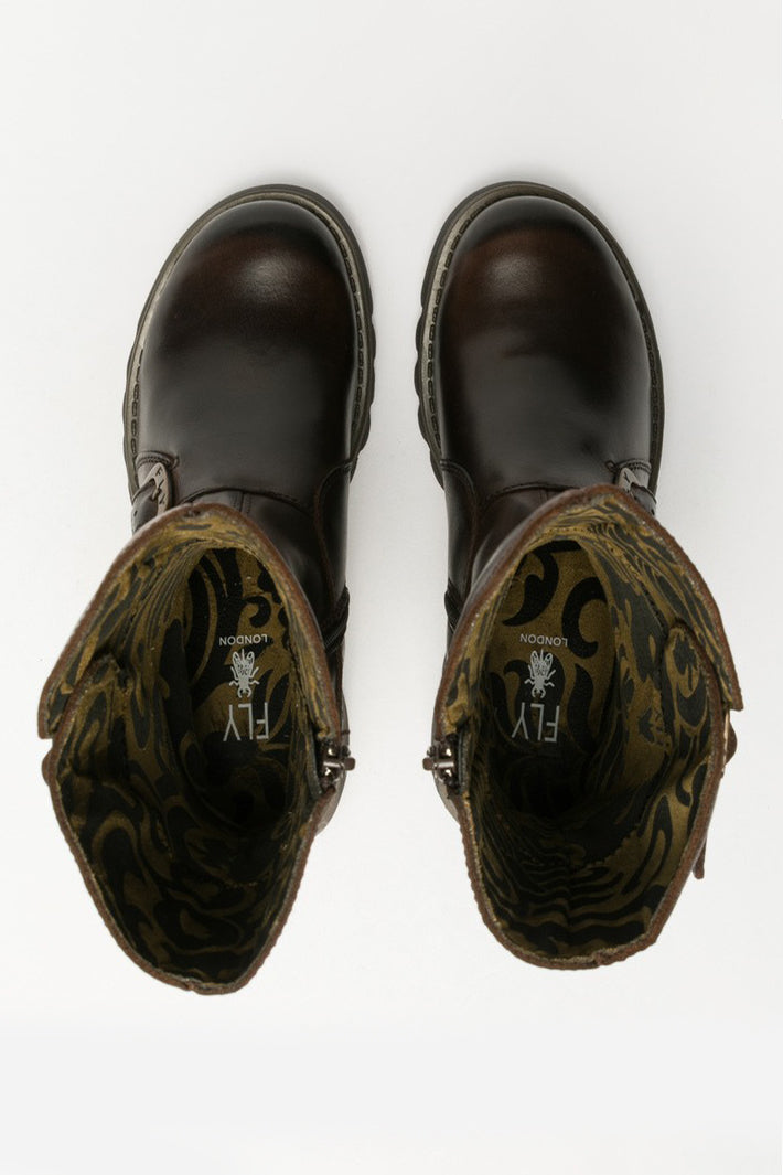 Fly London Mes 2 Rug Brown Leather Calf-Length Boots P142913004, pair from above