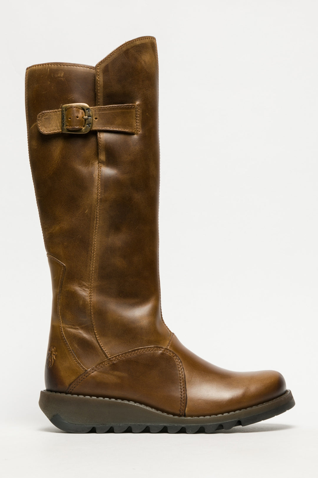 Brown leather boot with a buckle on a white background