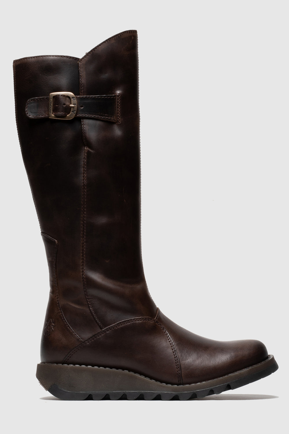 Brown knee-high boots with a buckle on a light gray background