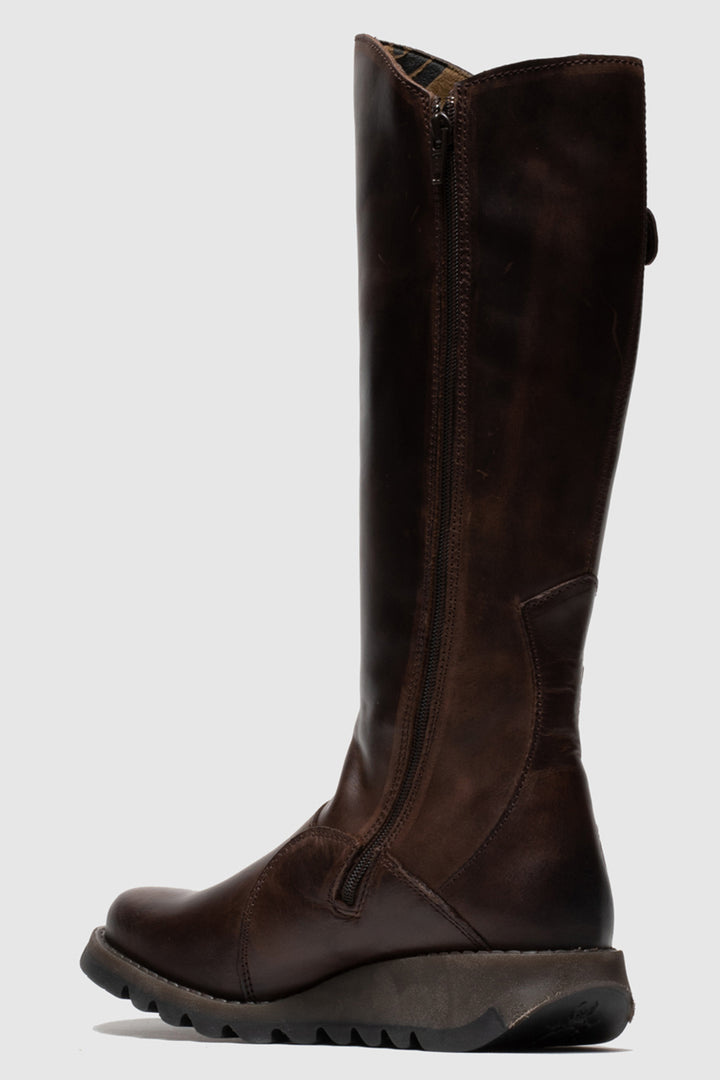 Brown knee-high boot on a white background