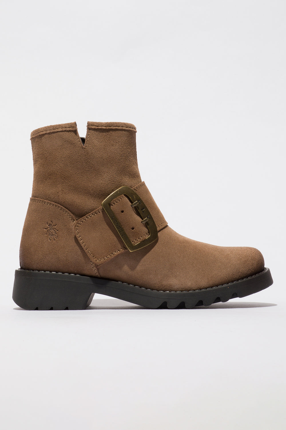 Brown ankle boot with a buckle on a white background