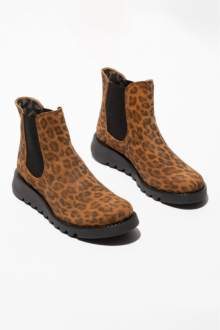 Fly London Salv Camel Brown Leopard Print Suede Ankle Boots P143195124, pair from the front