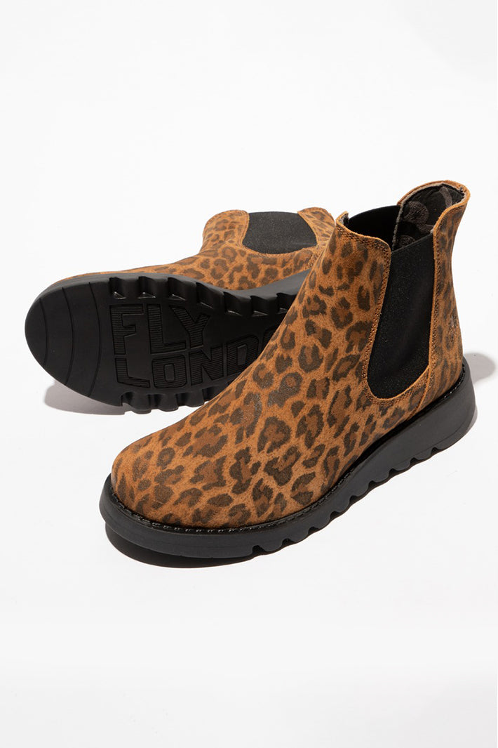 Fly London Salv Camel Brown Leopard Print Suede Ankle Boots P143195124, pair showing the soles