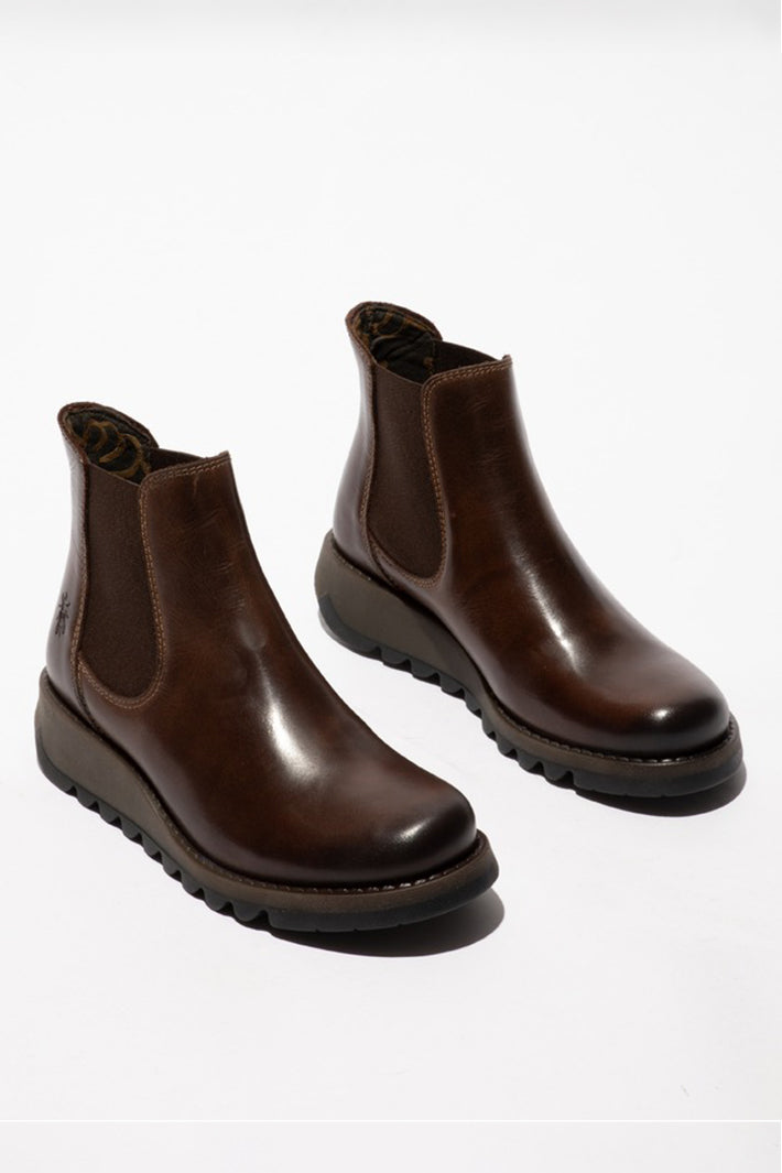 Fly London Salv Dark Brown Leather Boots P143195001, pair from the front