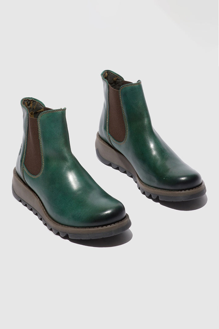 Fly London Salv Petrol Green Leather Ankle Boots P143195006, pair from the front
