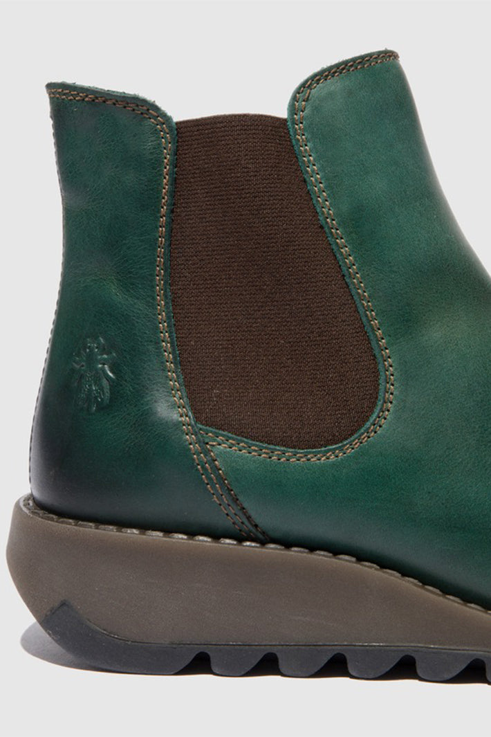 Fly London Salv Petrol Green Leather Ankle Boots P143195006, elastic side panel close-up