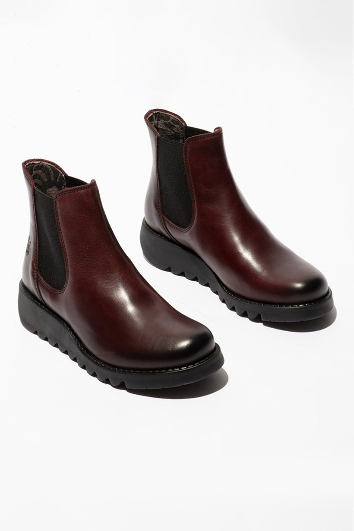 Fly London Salv Wine Purple Leather Ankle Boots P143195103, pair from the front