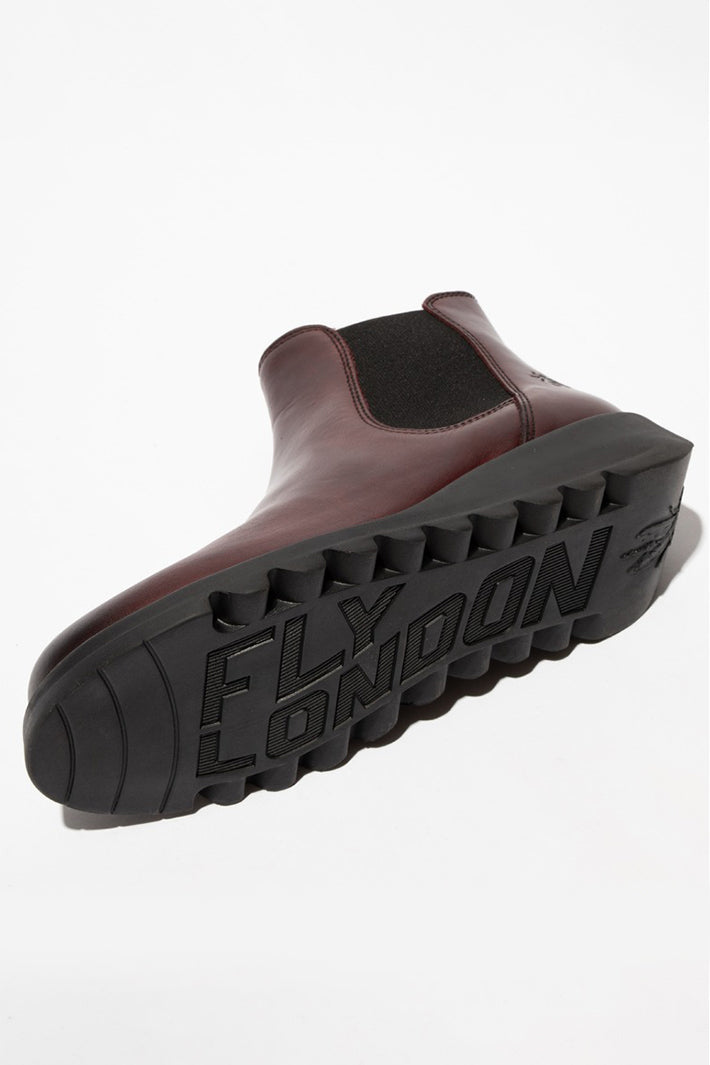 Fly London Salv Wine Purple Leather Ankle Boots P143195103, sole view